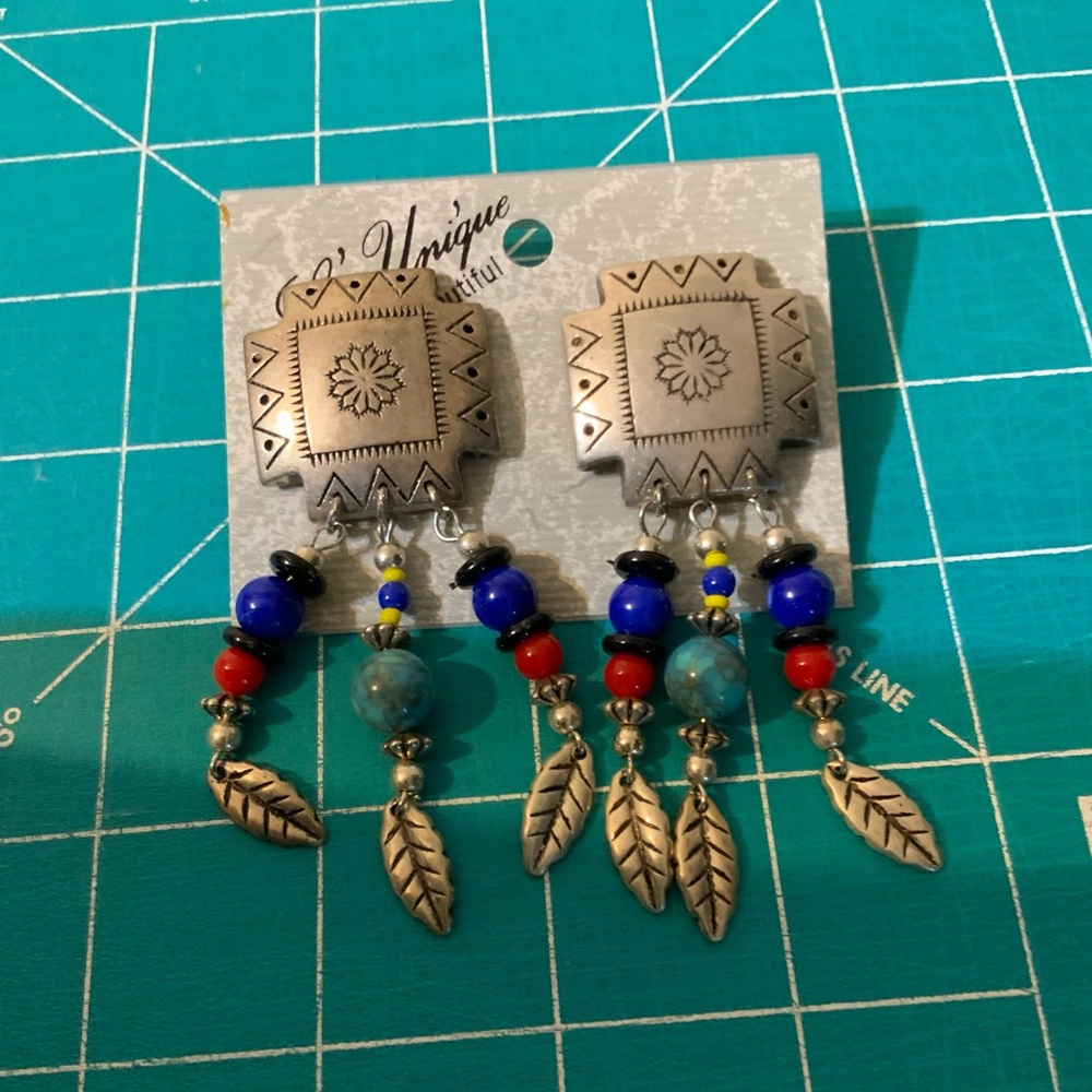 L Unique Silver Earrings with Red and Blue Beads